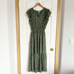 Max Studio Dress Green Floral Women’s Sz Medium V-neck Summer Dress Boho Hippie